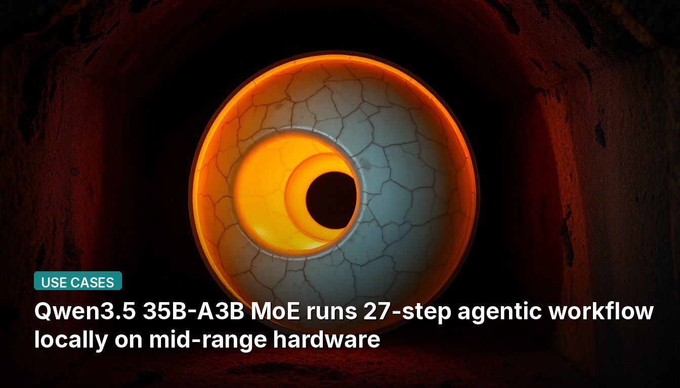 Qwen3.5 35B-A3B MoE runs 27-step agentic workflow locally on mid-range hardware