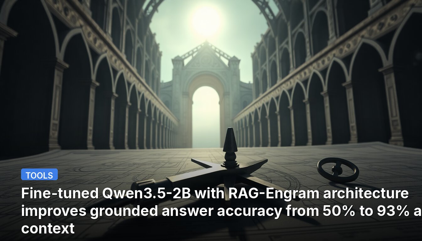 Fine-tuned Qwen3.5-2B with RAG-Engram architecture improves grounded answer accuracy from 50% to 93% at 8K context