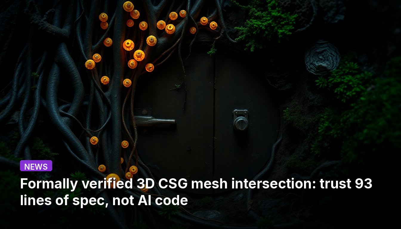 Formally verified 3D CSG mesh intersection: trust 93 lines of spec, not AI code